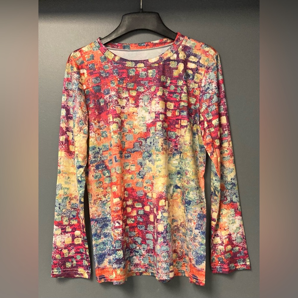 NWOT Designer Myra round neck long sleeved shirt with vibrant, graphic print.